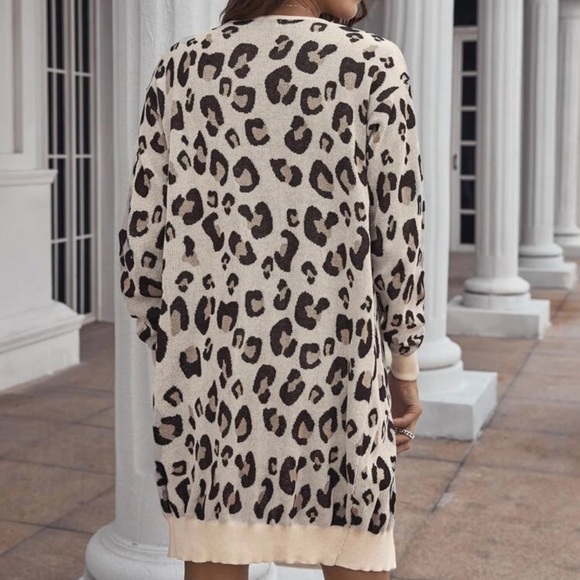 Leopard print soft knit midi cardigan cream black - Picture 2 of 2